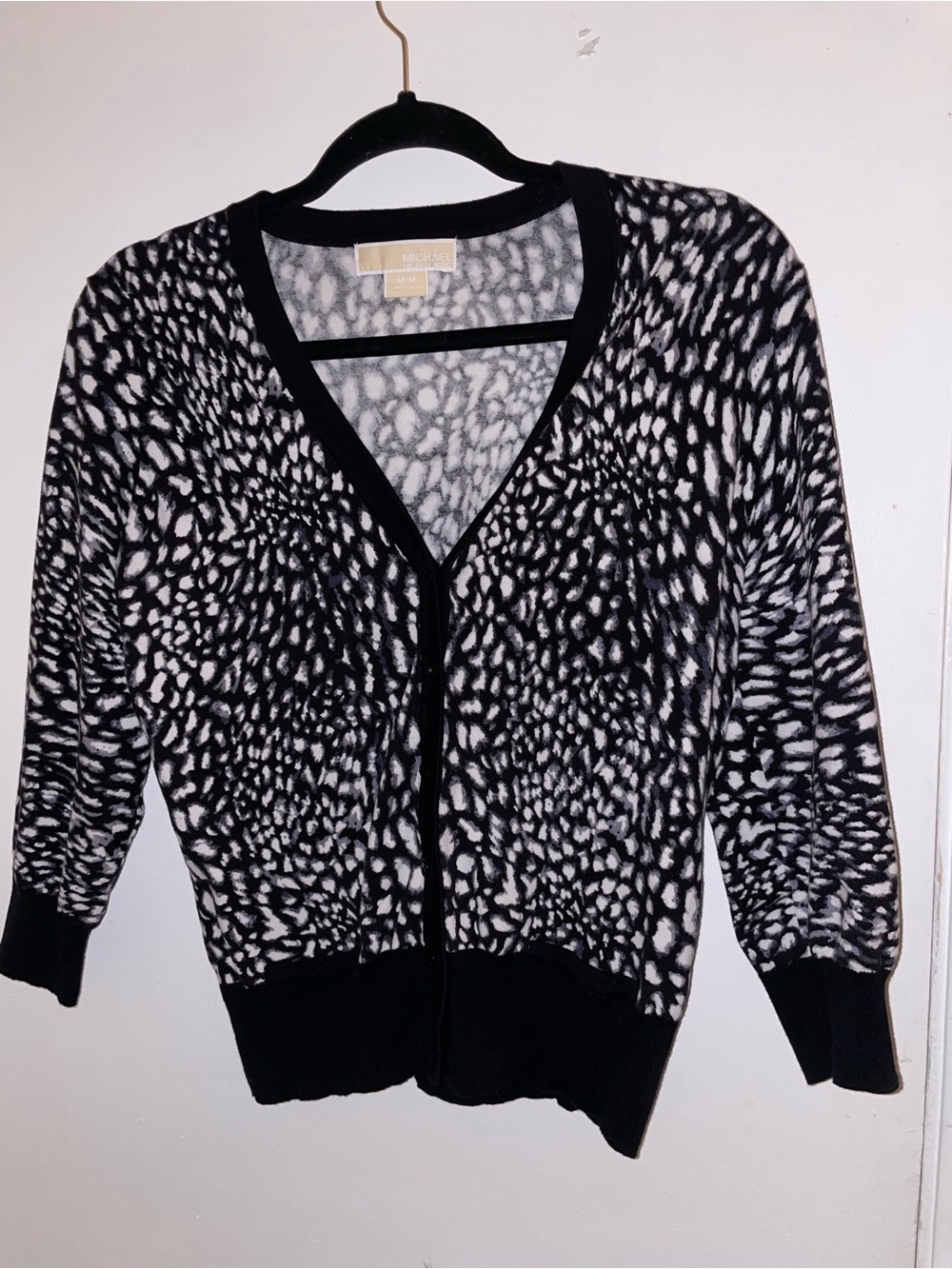 Michael Kors Black and White Leopard Print V-Neck Cardigan